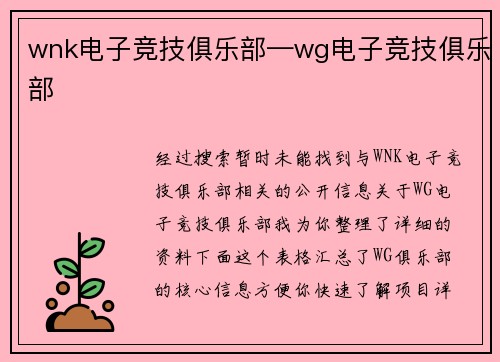 wnk电子竞技俱乐部—wg电子竞技俱乐部